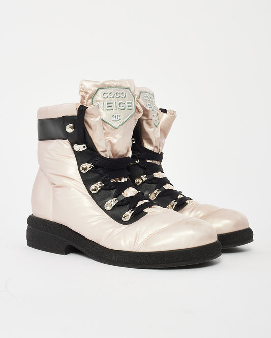 Chanel Iridescent Pink Nylon Lace Up Coco Neige Combat Boots - 38.5