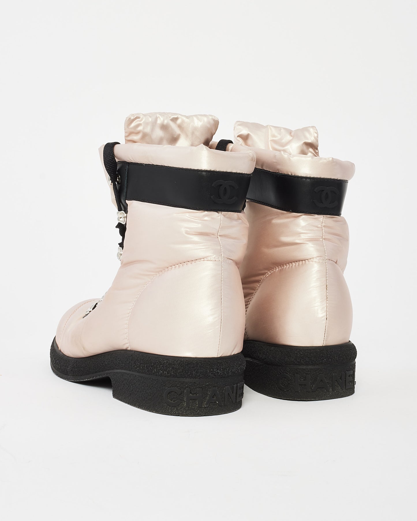 Chanel Iridescent Pink Nylon Lace Up Coco Neige Combat Boots - 38.5