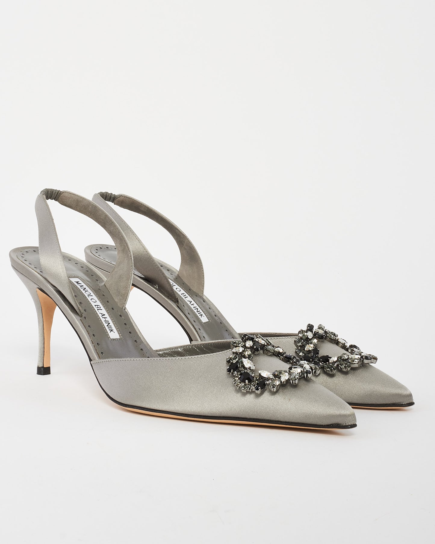 Manolo Blahnik Grey Satin Embellished Slingback Pump - 41