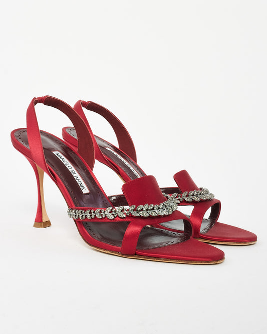 Manolo Blahnik Red Satin Triosla Jewelled Heeled Sandals - 41