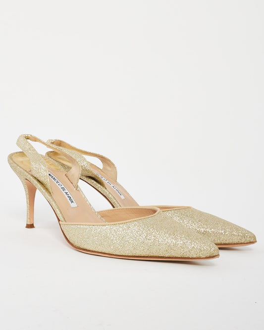 Manolo Blahnik Gold Glitter Carolyn Slingback Pump - 41