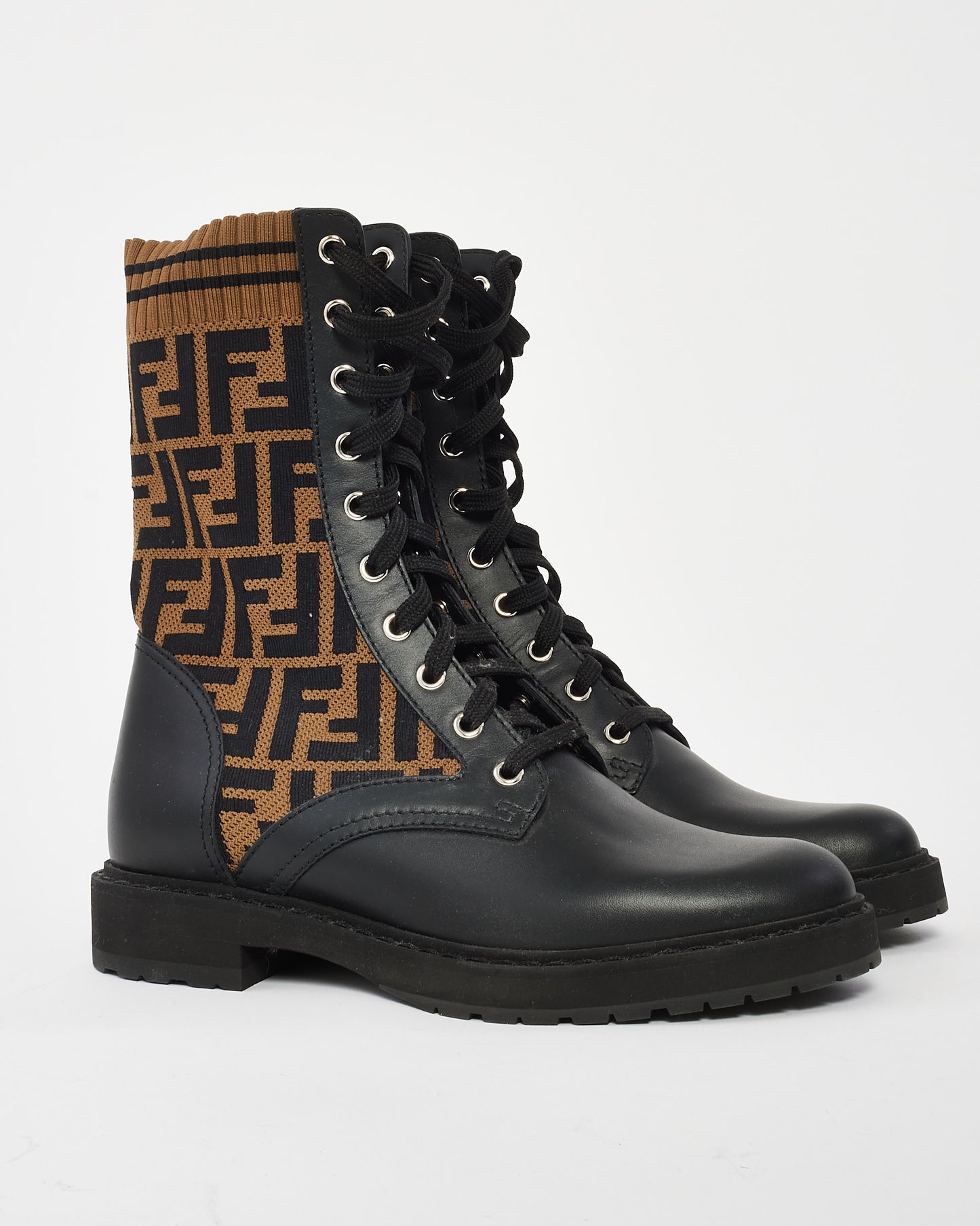 Fendi Brown Calfskin Stretch Fabric FF Rockoko Biker Boot - 38