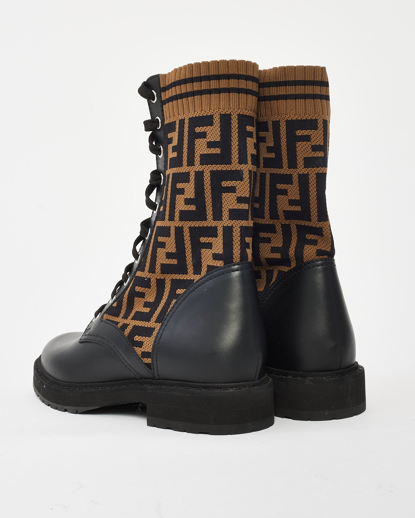 Fendi Brown Calfskin Stretch Fabric FF Rockoko Biker Boot - 38