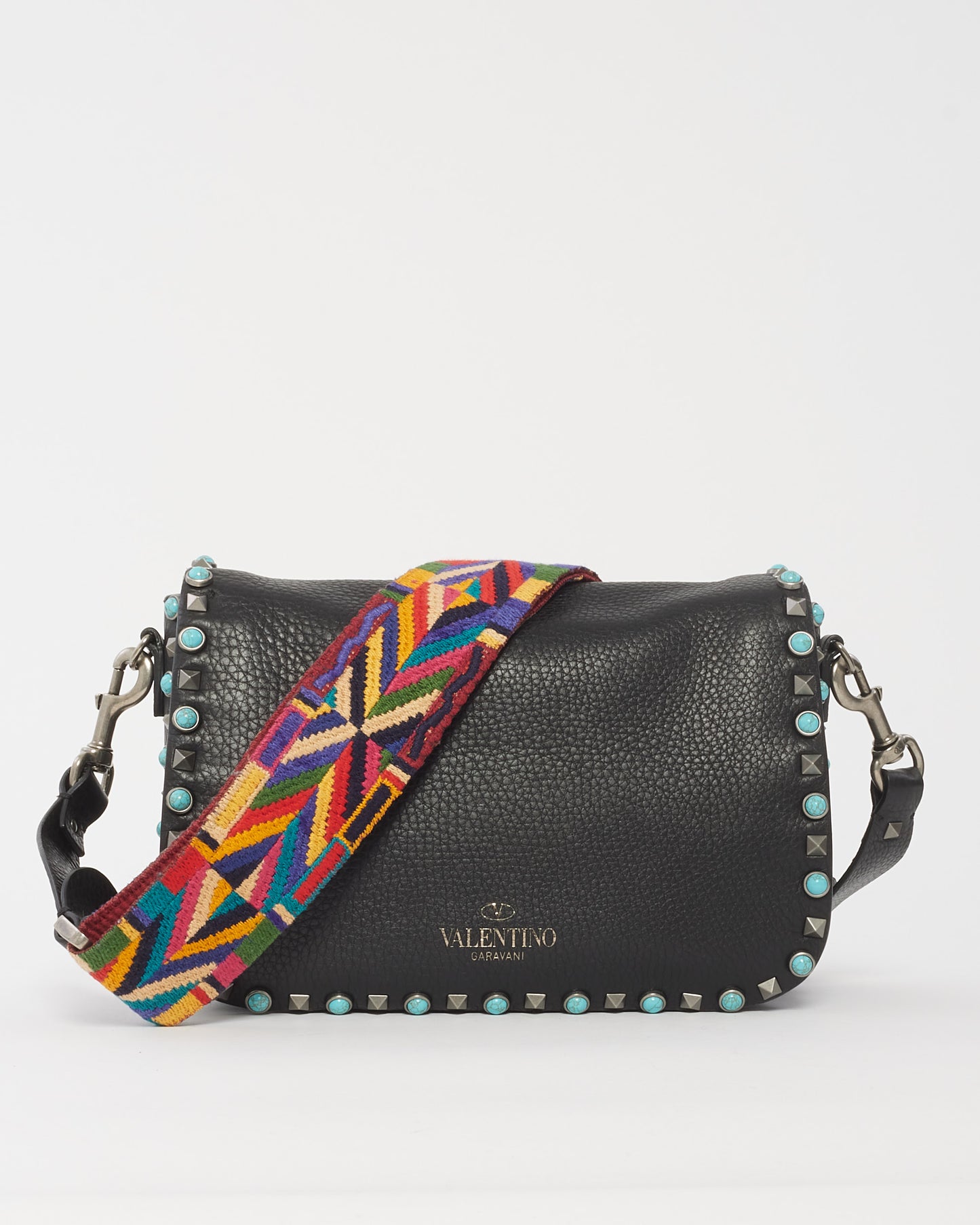 Valentino Black Calfskin Turquoise Guitar Strap Rockstud Medium Rolling Flap Bag