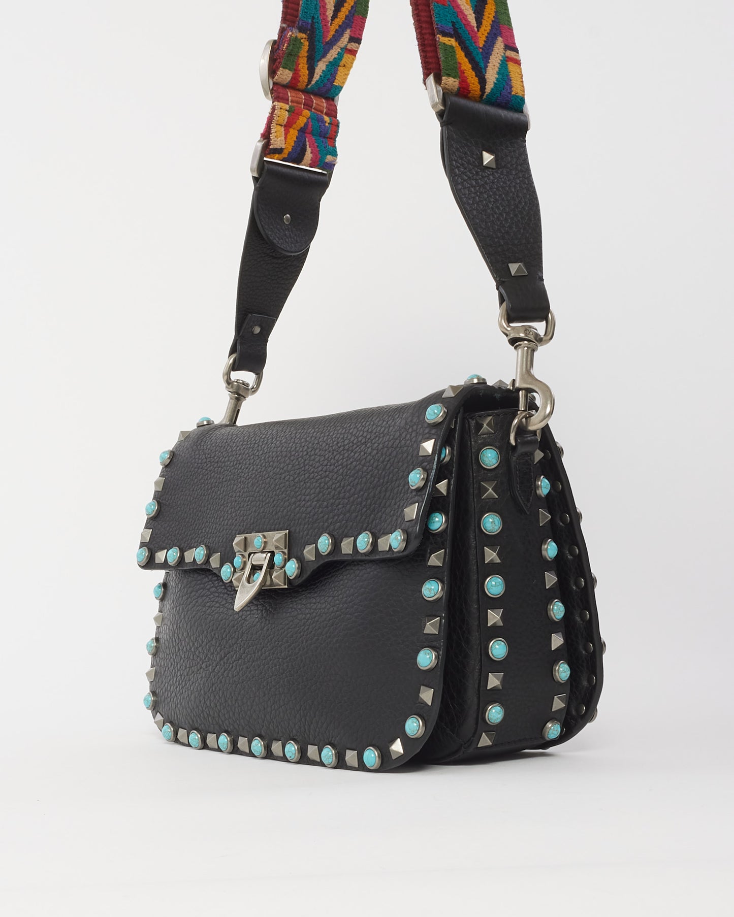 Valentino Black Calfskin Turquoise Guitar Strap Rockstud Medium Rolling Flap Bag