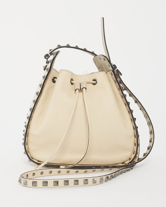 Valentino Cream Leather Rockstud Drawstring Small Bucket Bag