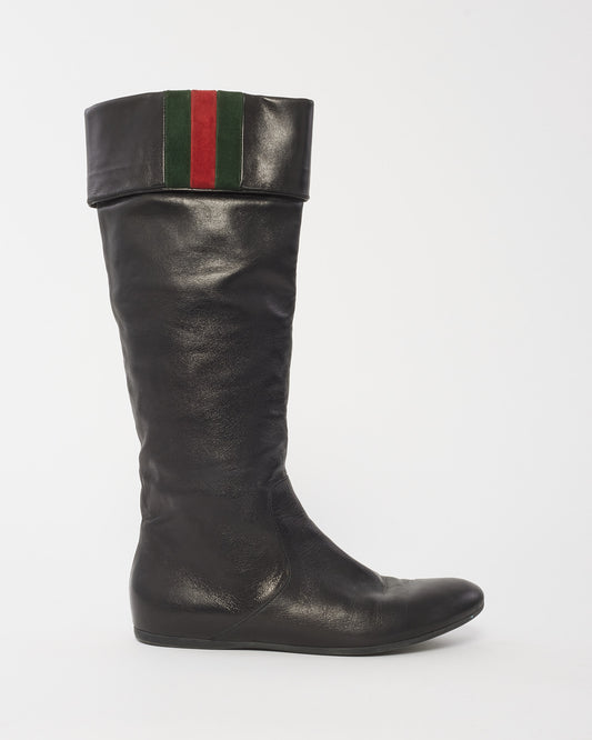 Gucci Black Leather Foldover Web Knee-High Boots -37