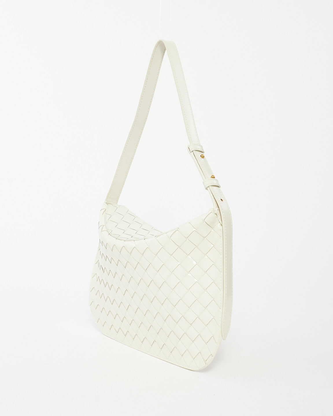 Bottega Veneta White Patent Intrecciato Leather Flap Cradle Foldover Shoulder Bag