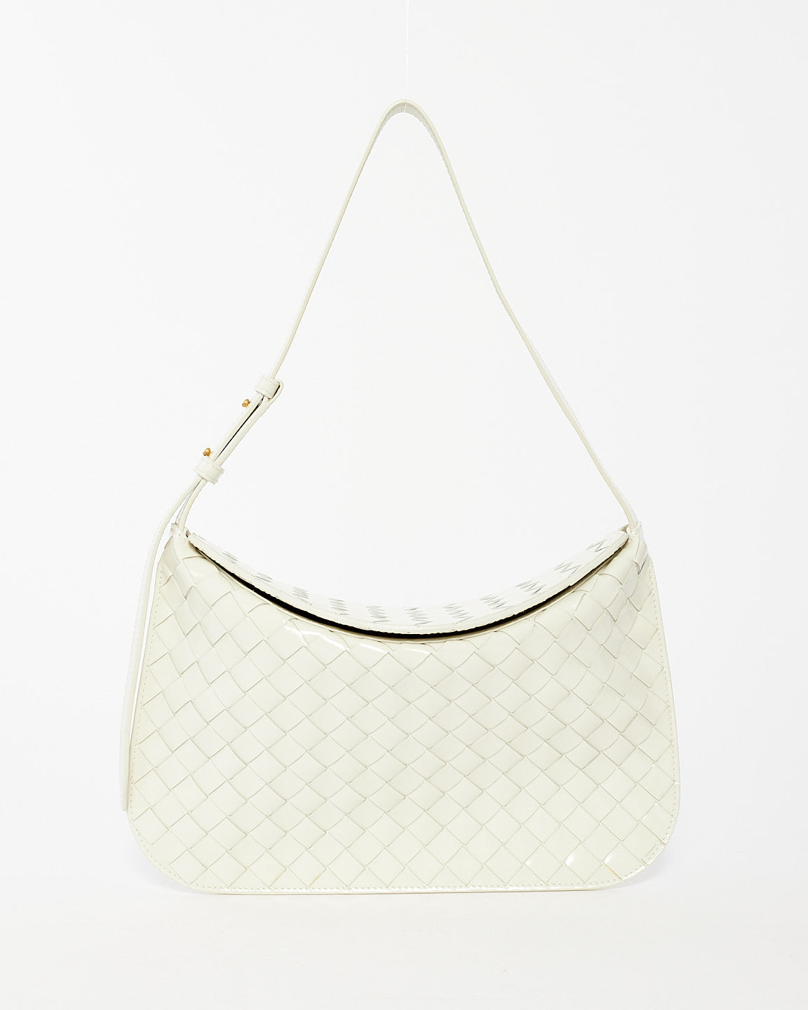 Bottega Veneta White Patent Intrecciato Leather Flap Cradle Foldover Shoulder Bag