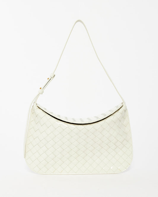 Bottega Veneta White Patent Intrecciato Leather Flap Cradle Foldover Shoulder Bag