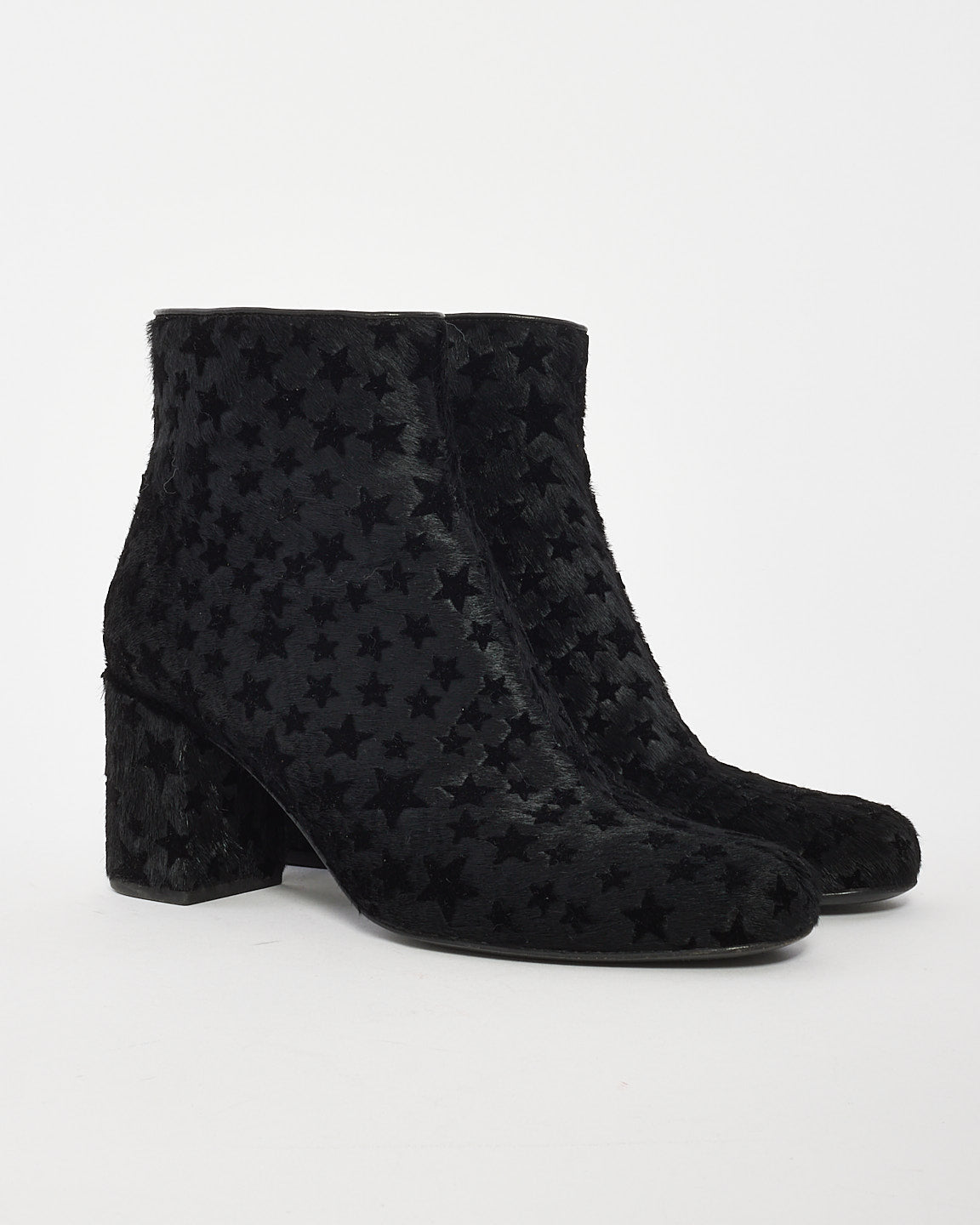 Saint Laurent Black Pony Hair Star Block Heel Bootie - 36