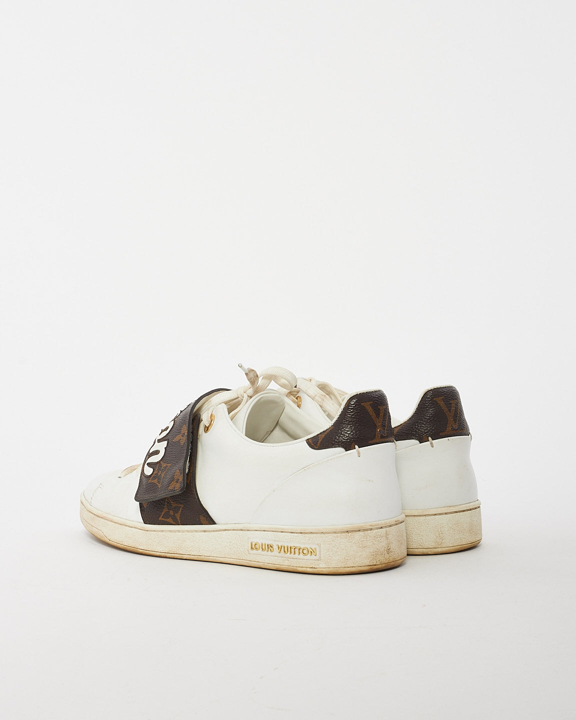 Louis Vuitton White 
Brown Leather Logo Low Top Sneakers - 39