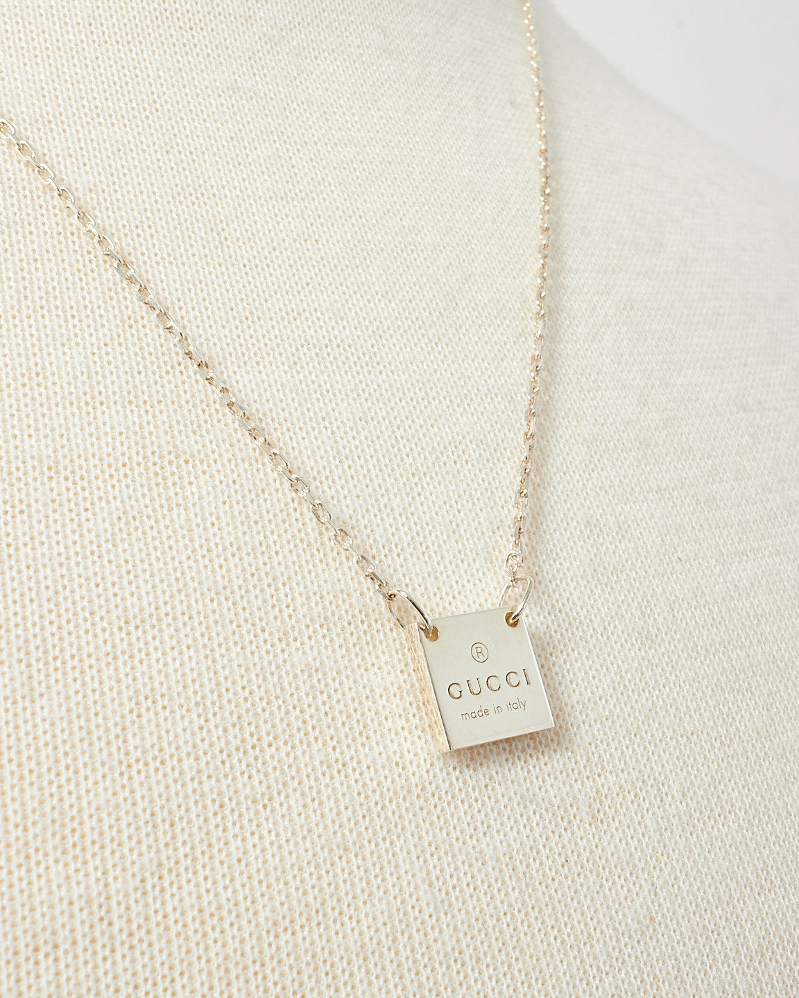 Gucci Silver Square Tag Plate Logo Engraved Necklace