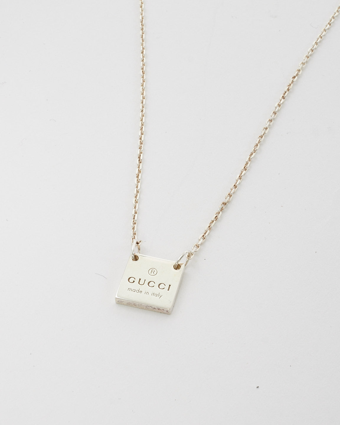 Gucci Silver Square Tag Plate Logo Engraved Necklace