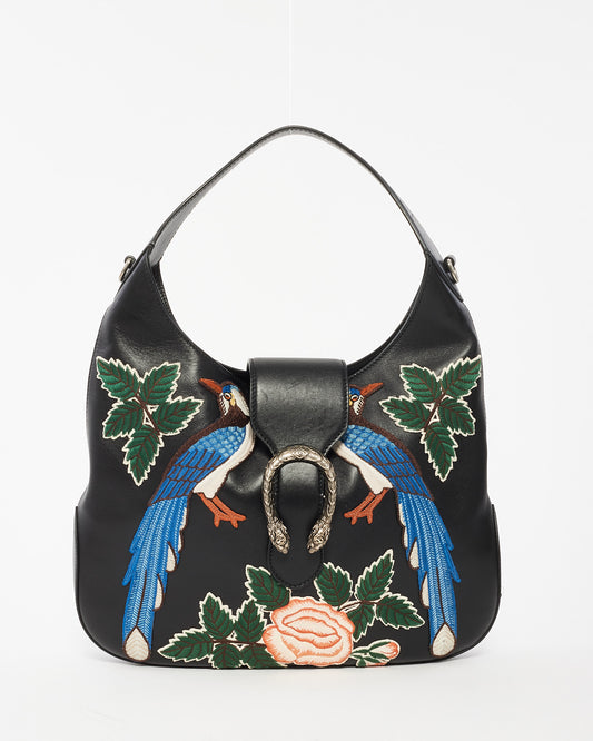 Gucci Black Leather Medium Dionysus Hobo Bag with Embroidery