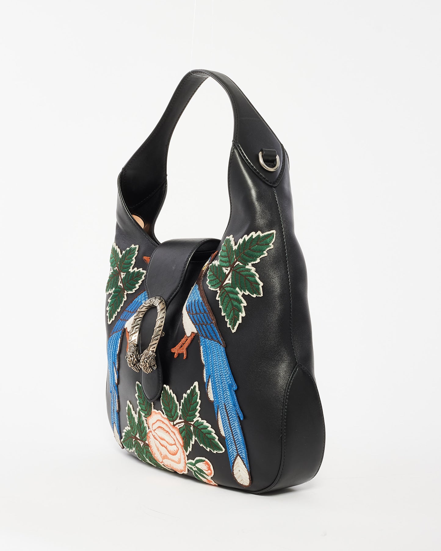 Gucci Black Leather Medium Dionysus Hobo Bag with Embroidery