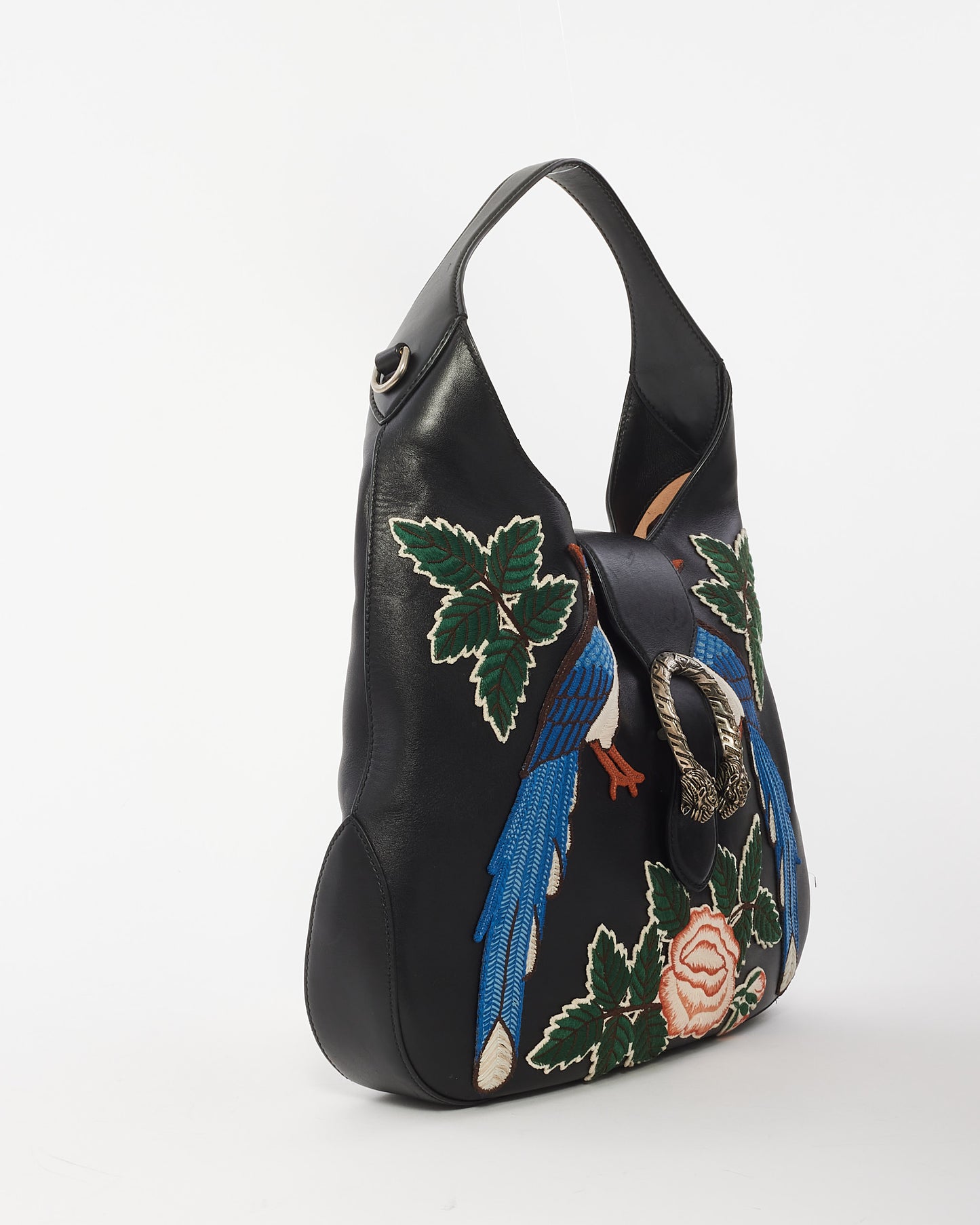 Gucci Black Leather Medium Dionysus Hobo Bag with Embroidery