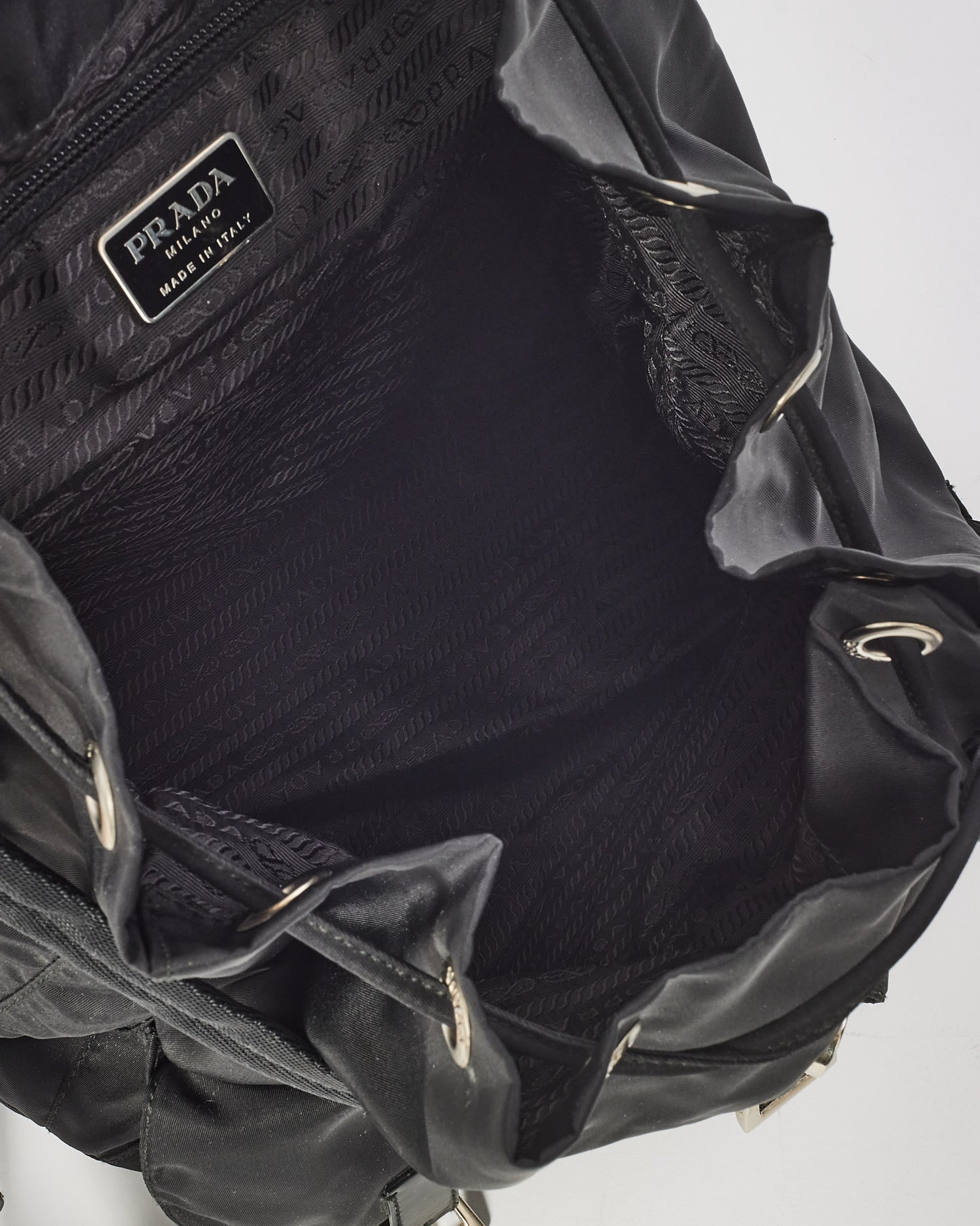 Prada Black Nylon Double Front Pocket Drawstring Backpack