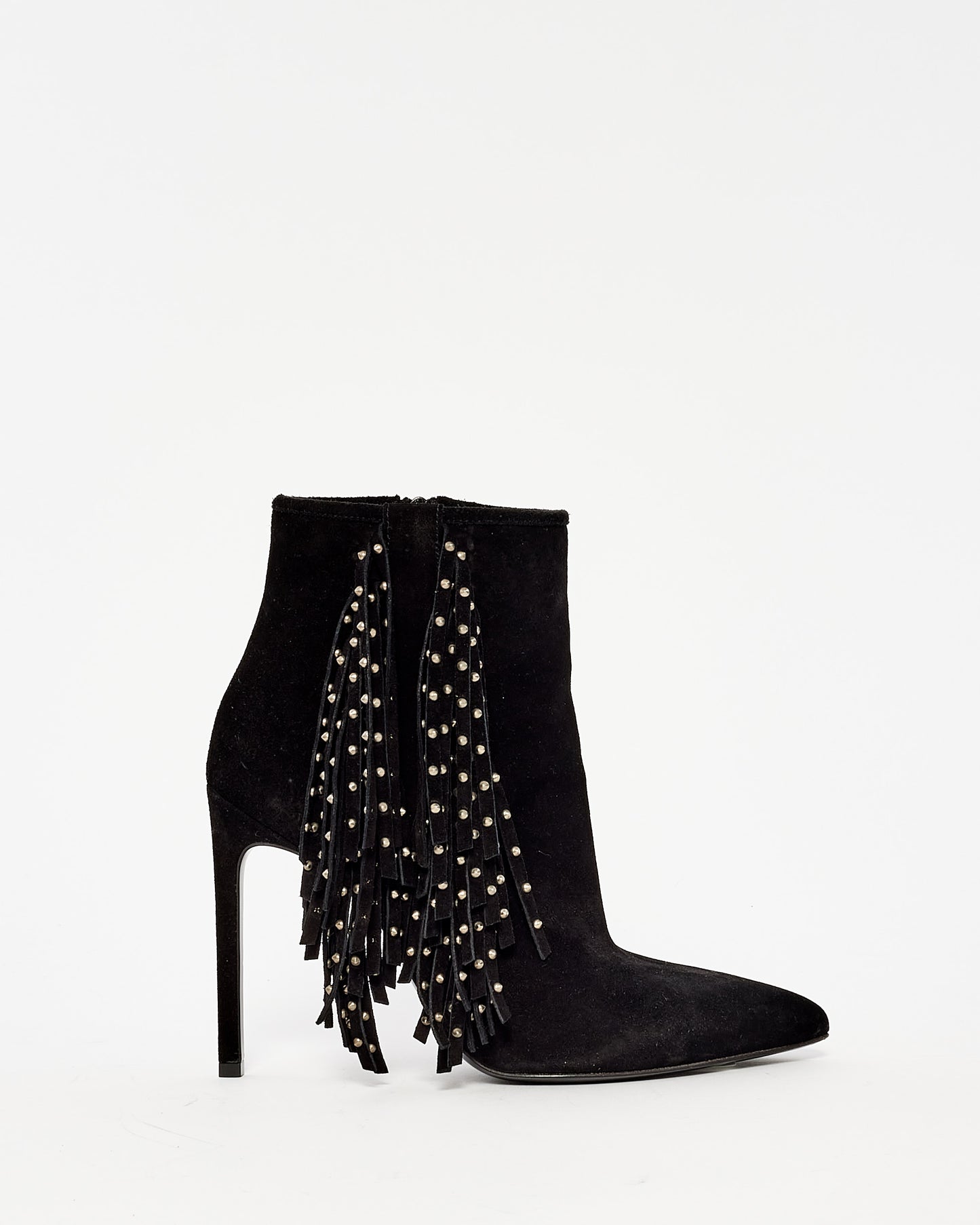 Saint Laurent Black Suede Fringe 
Stud Stiletto Booties - 36