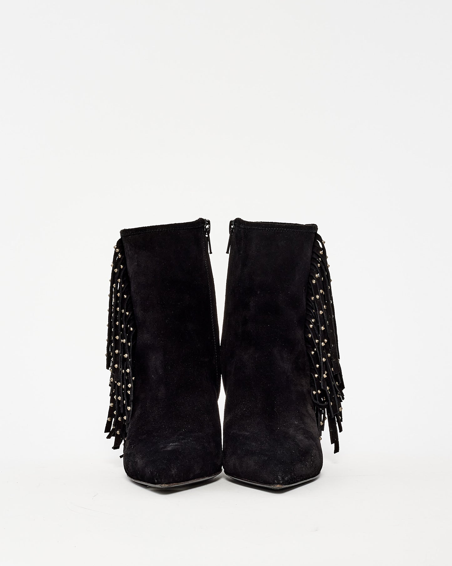 Saint Laurent Black Suede Fringe 
Stud Stiletto Booties - 36