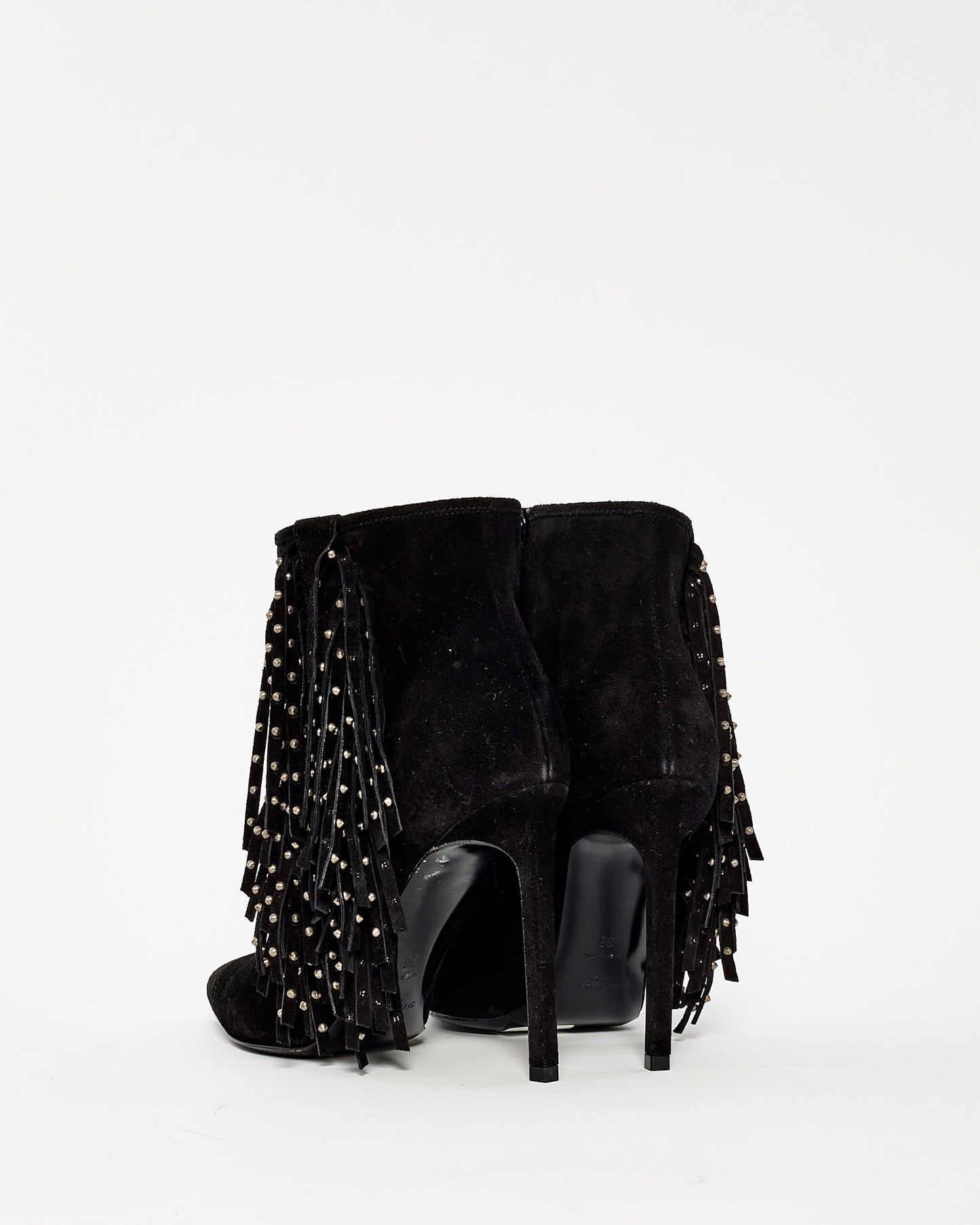 Saint Laurent Black Suede Fringe 
Stud Stiletto Booties - 36