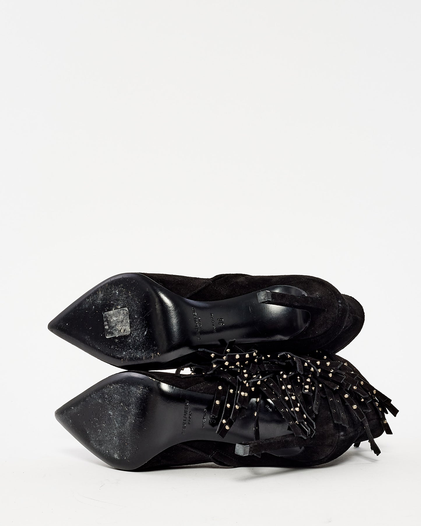 Saint Laurent Black Suede Fringe 
Stud Stiletto Booties - 36