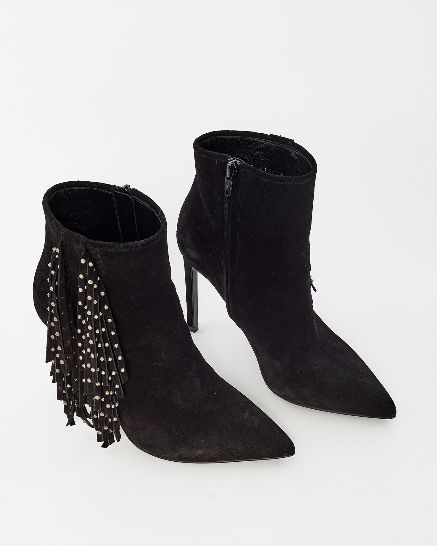 Saint Laurent Black Suede Fringe 
Stud Stiletto Booties - 36