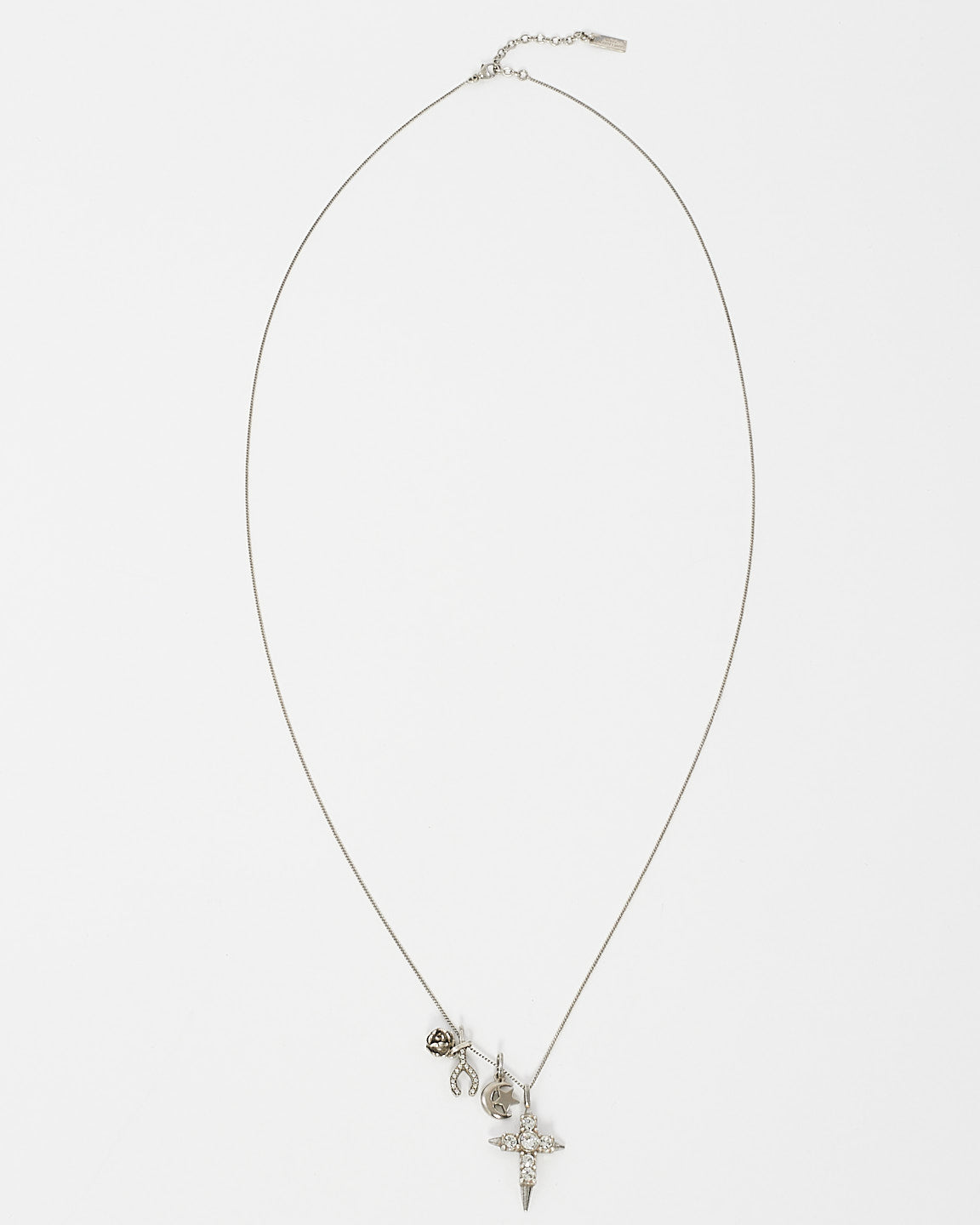 Saint Laurent Silver Crystal Cross Moon 
Wishbone Necklace