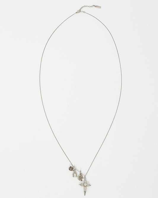 Saint Laurent Silver Crystal Cross Moon 
Wishbone Necklace