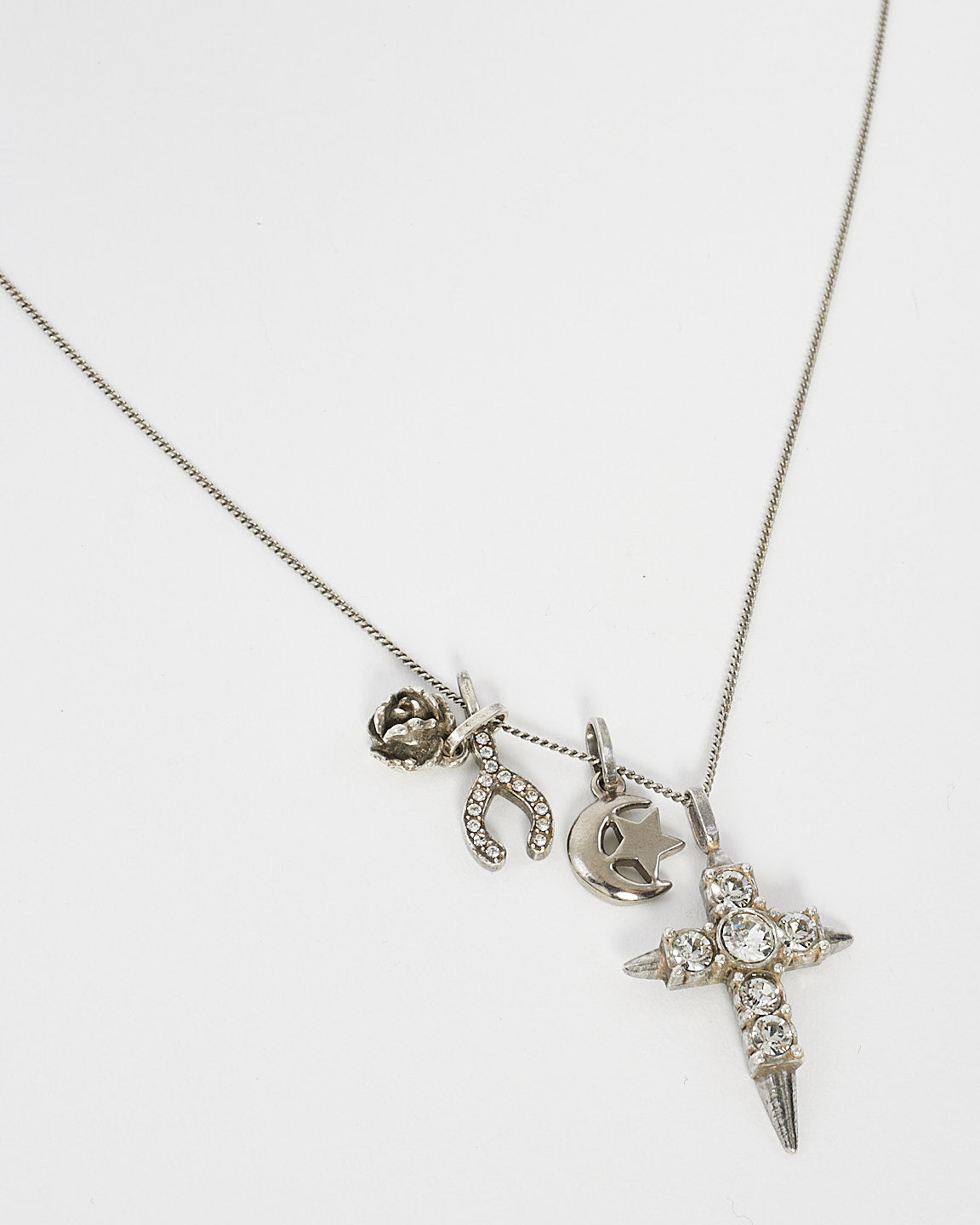 Saint Laurent Silver Crystal Cross Moon 
Wishbone Necklace