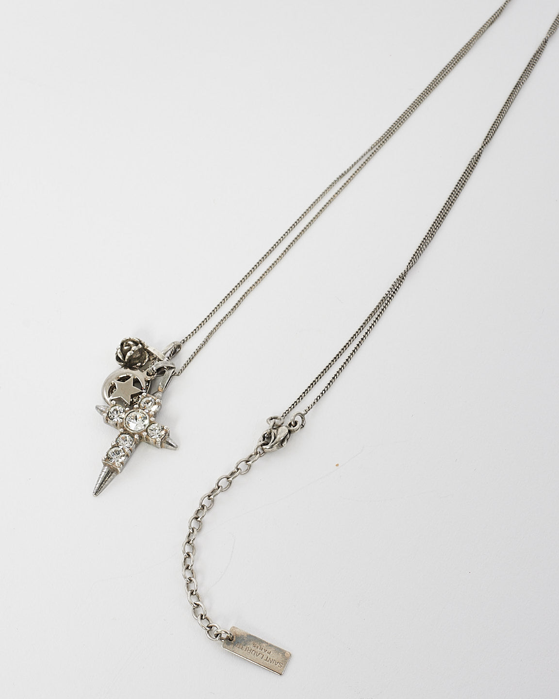 Saint Laurent Silver Crystal Cross Moon 
Wishbone Necklace