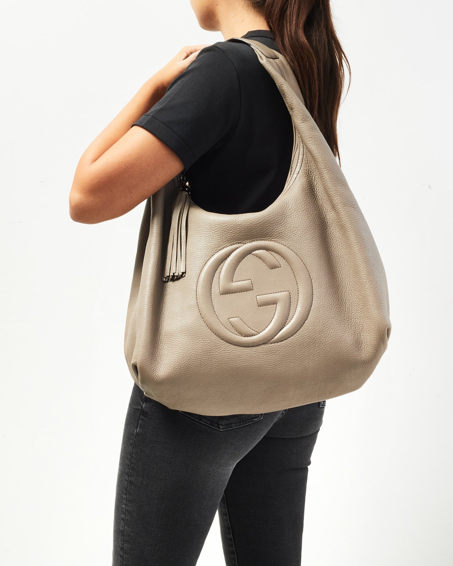 Gucci Grey Leather Embossed Logo Soho Hobo Shoulder Bag