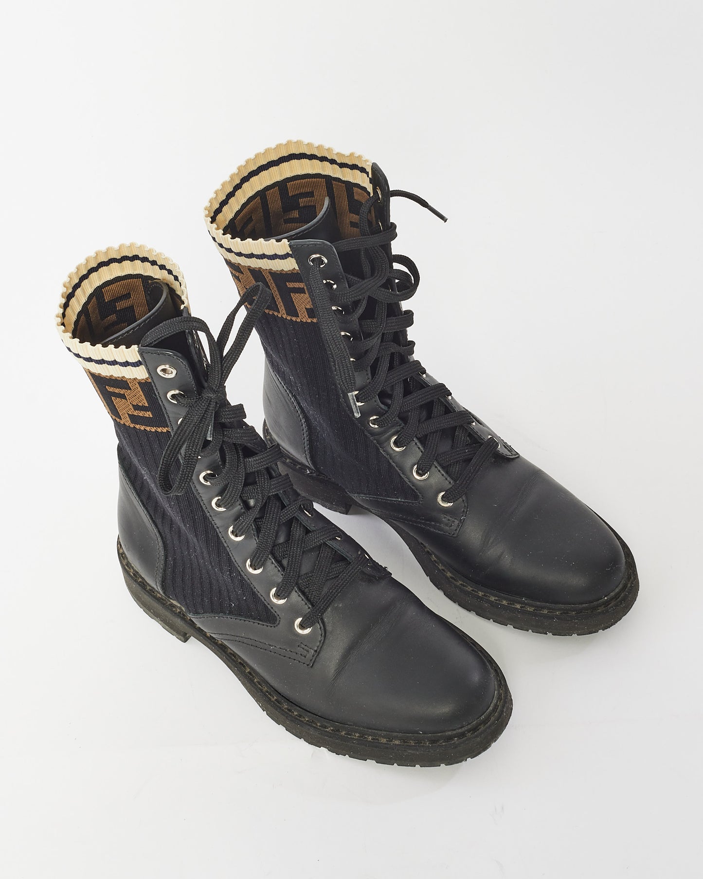 Fendi Black Leather 
Fabric  Rokoko Combat Boots - 37