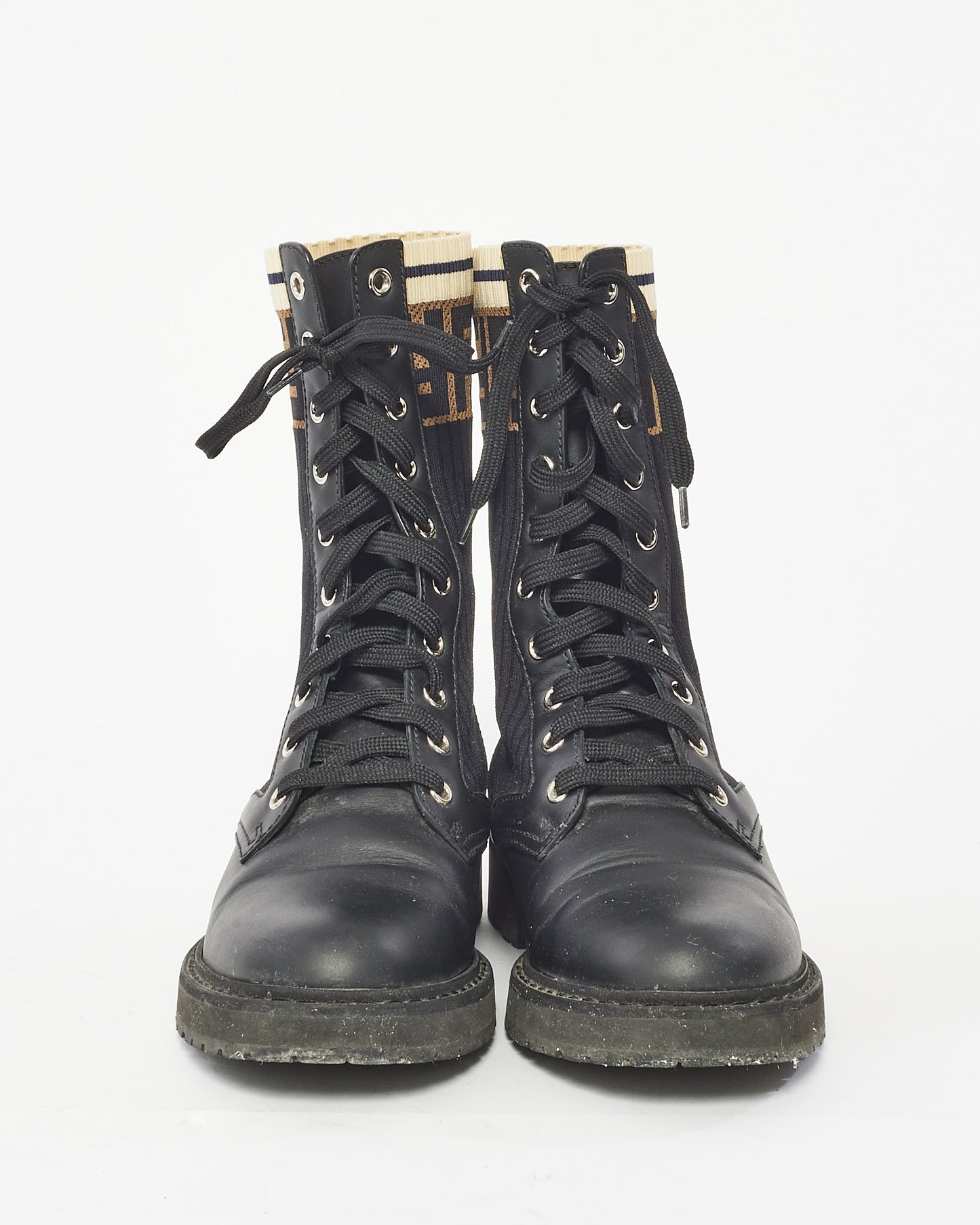 Fendi Black Leather 
Fabric  Rokoko Combat Boots - 37