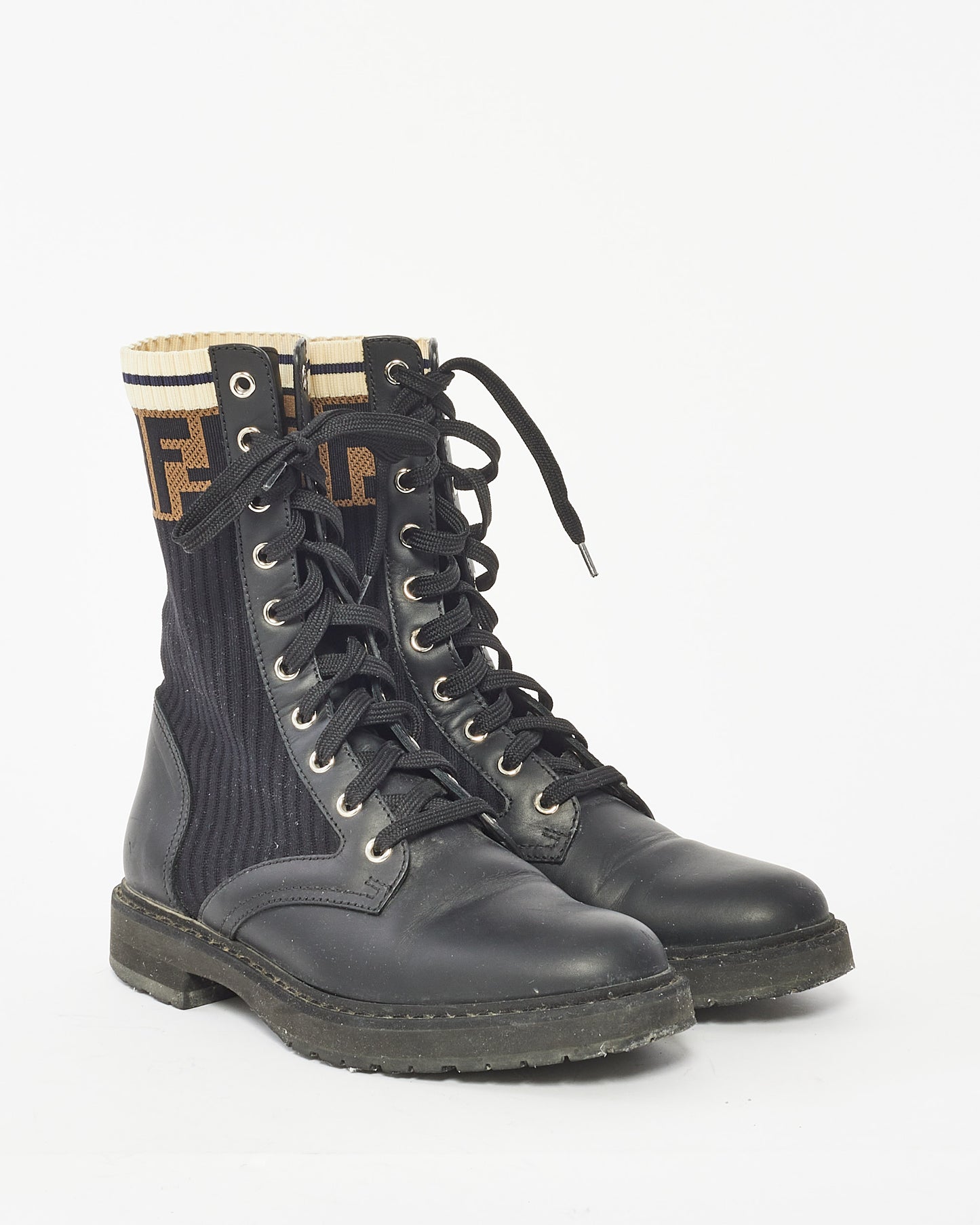 Fendi Black Leather 
Fabric  Rokoko Combat Boots - 37