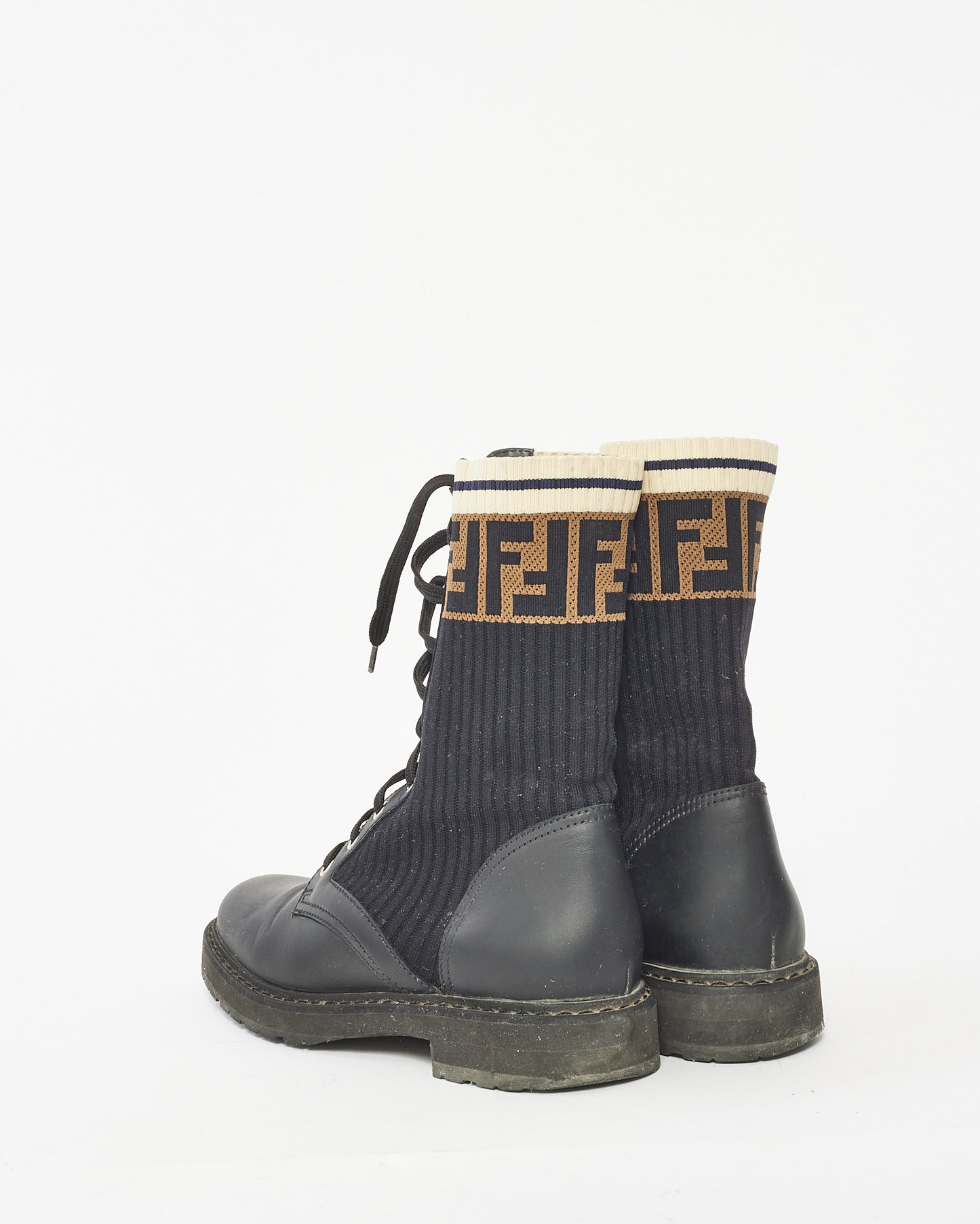 Fendi Black Leather 
Fabric  Rokoko Combat Boots - 37