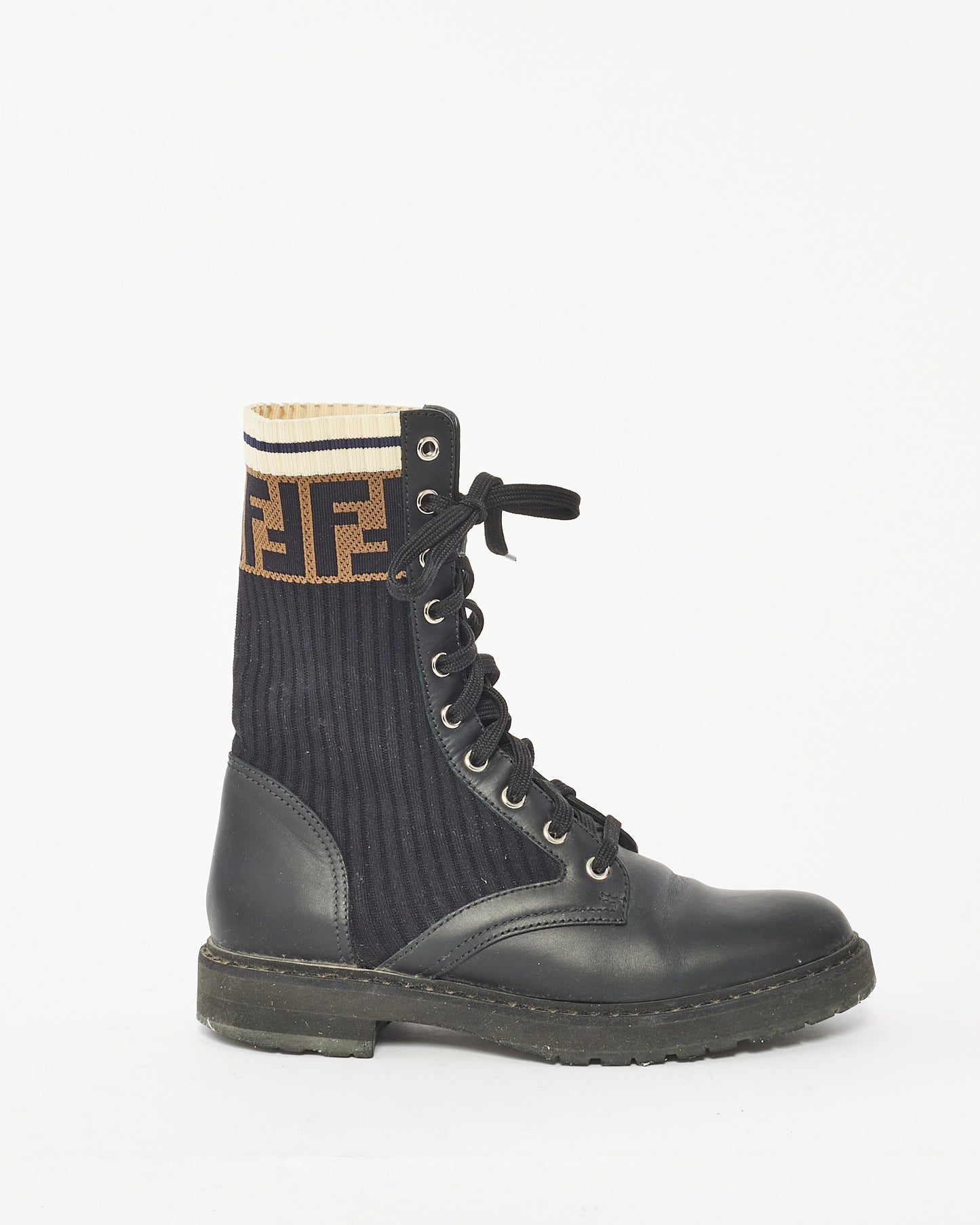 Fendi Black Leather 
Fabric  Rokoko Combat Boots - 37