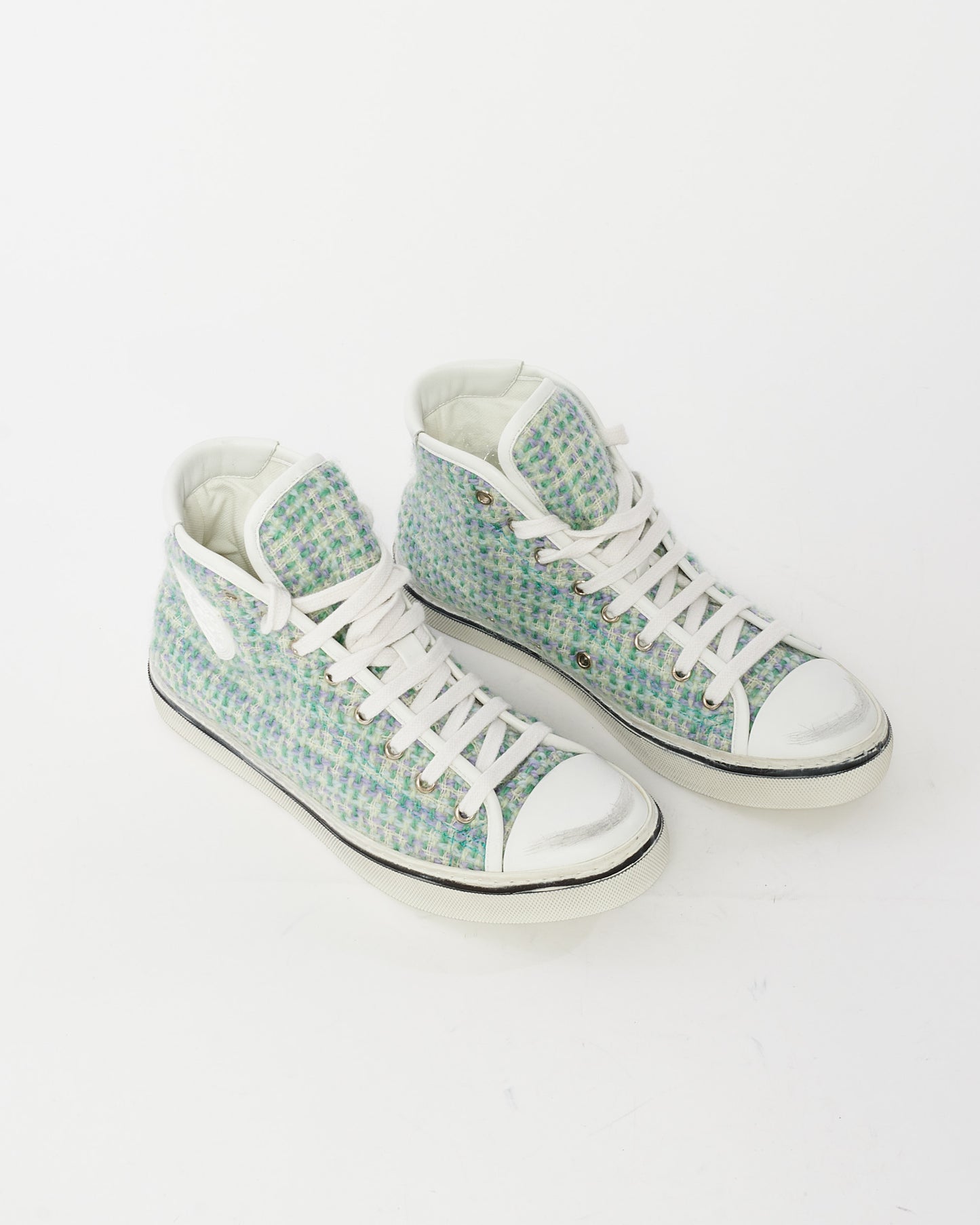 Saint Laurent Green 
White Tweed Hight Top Sneakers - 40