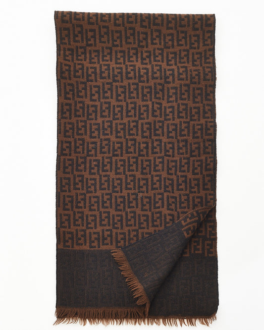 Fendi Brown Wool Blend Jacquard Logo Scarf