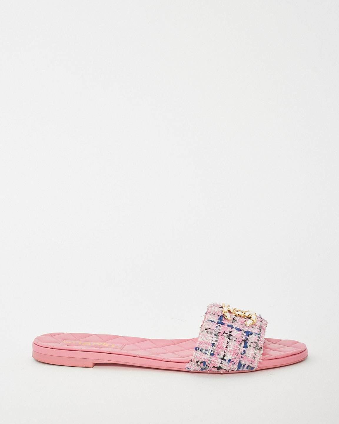 Chanel Pink Multi Leather 
Tweed Logo Flat Sandals - 41