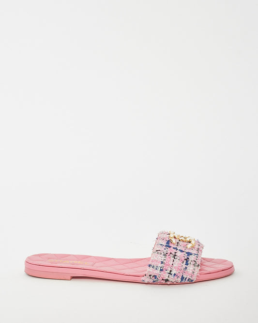 Chanel Pink Multi Leather 
Tweed Logo Flat Sandals - 41