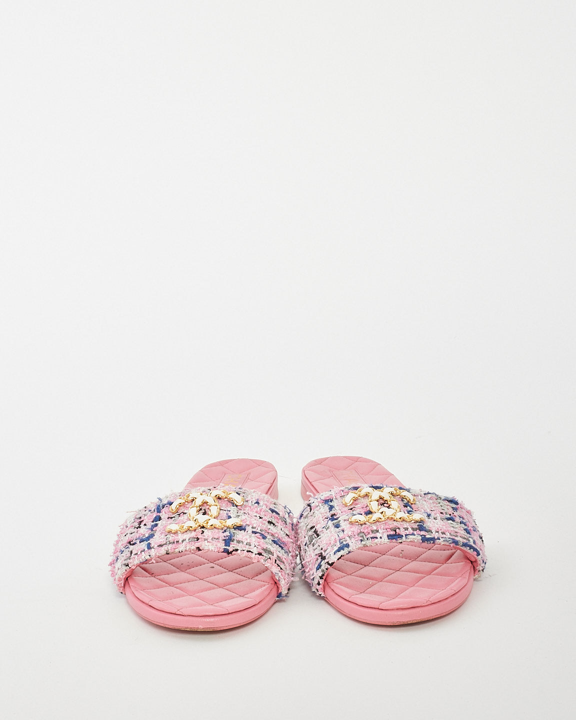 Chanel Pink Multi Leather 
Tweed Logo Flat Sandals - 41