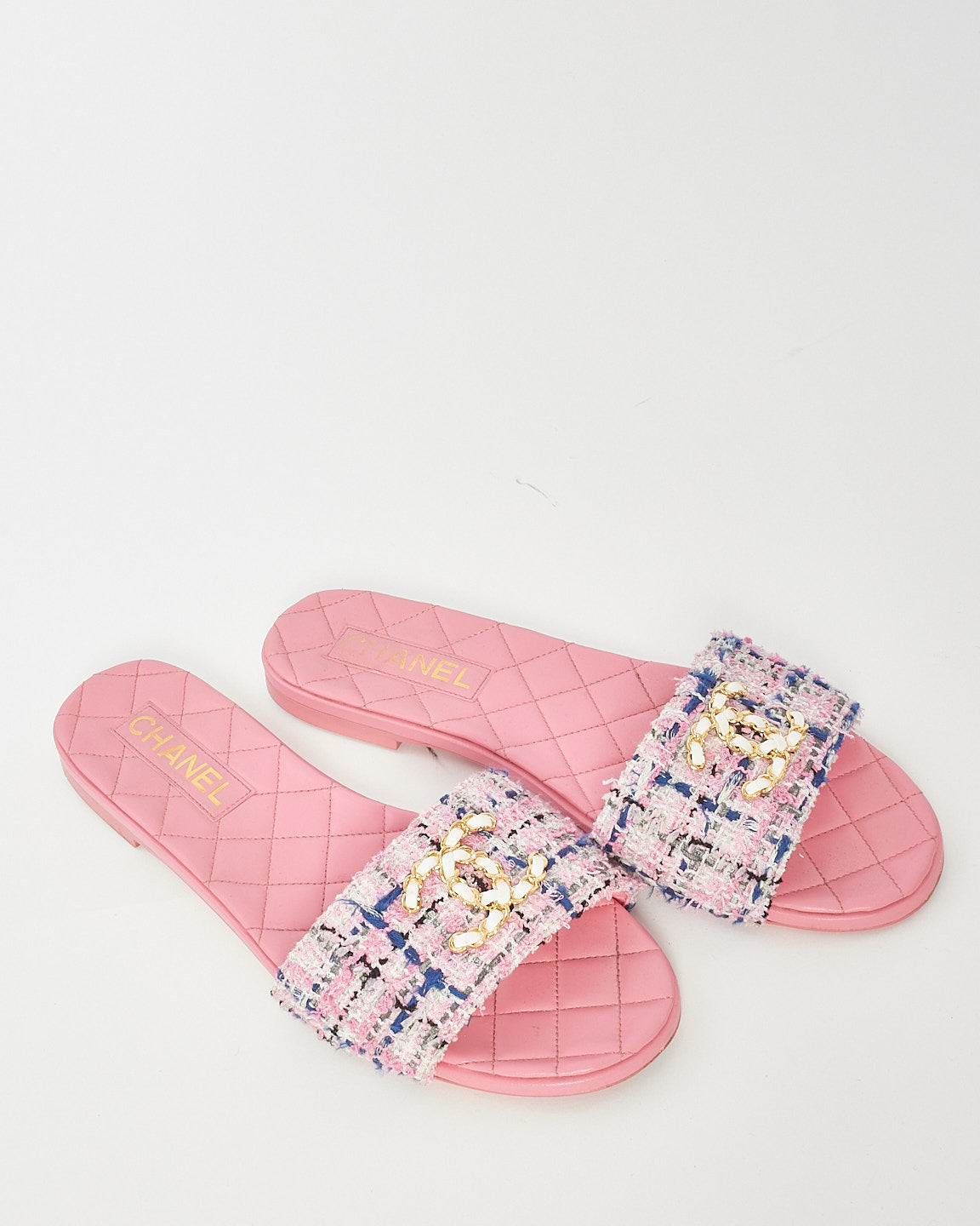 Chanel Pink Multi Leather 
Tweed Logo Flat Sandals - 41