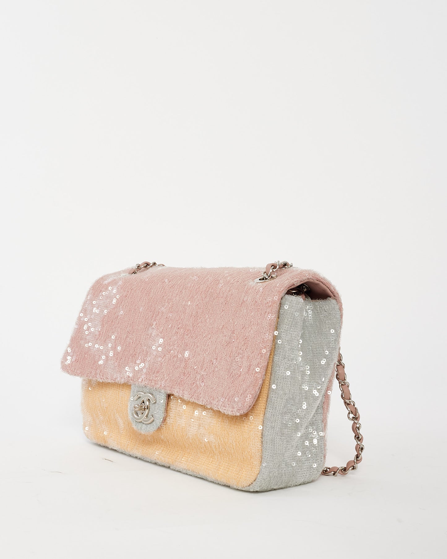 Sac à rabat géant cascade à paillettes rose bleu jaune Chanel