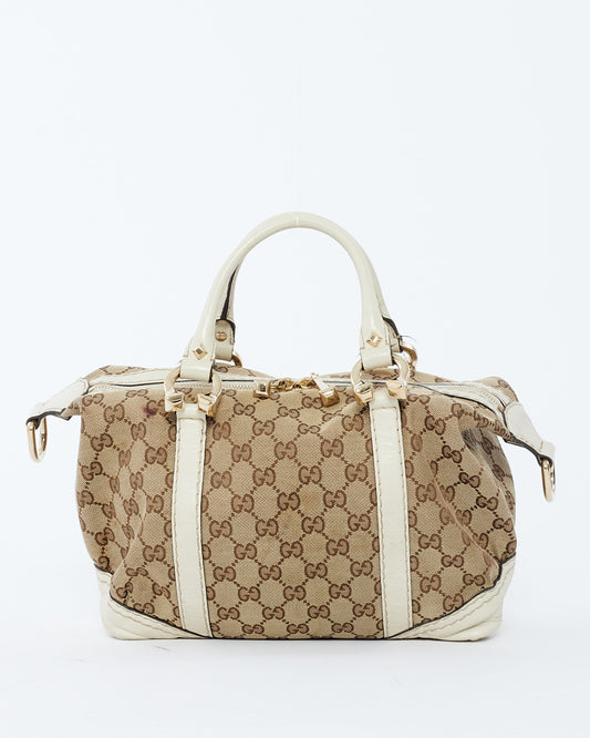 Gucci Brown GG Canvas 
White Horsebit Nail Boston Shoulder Bag