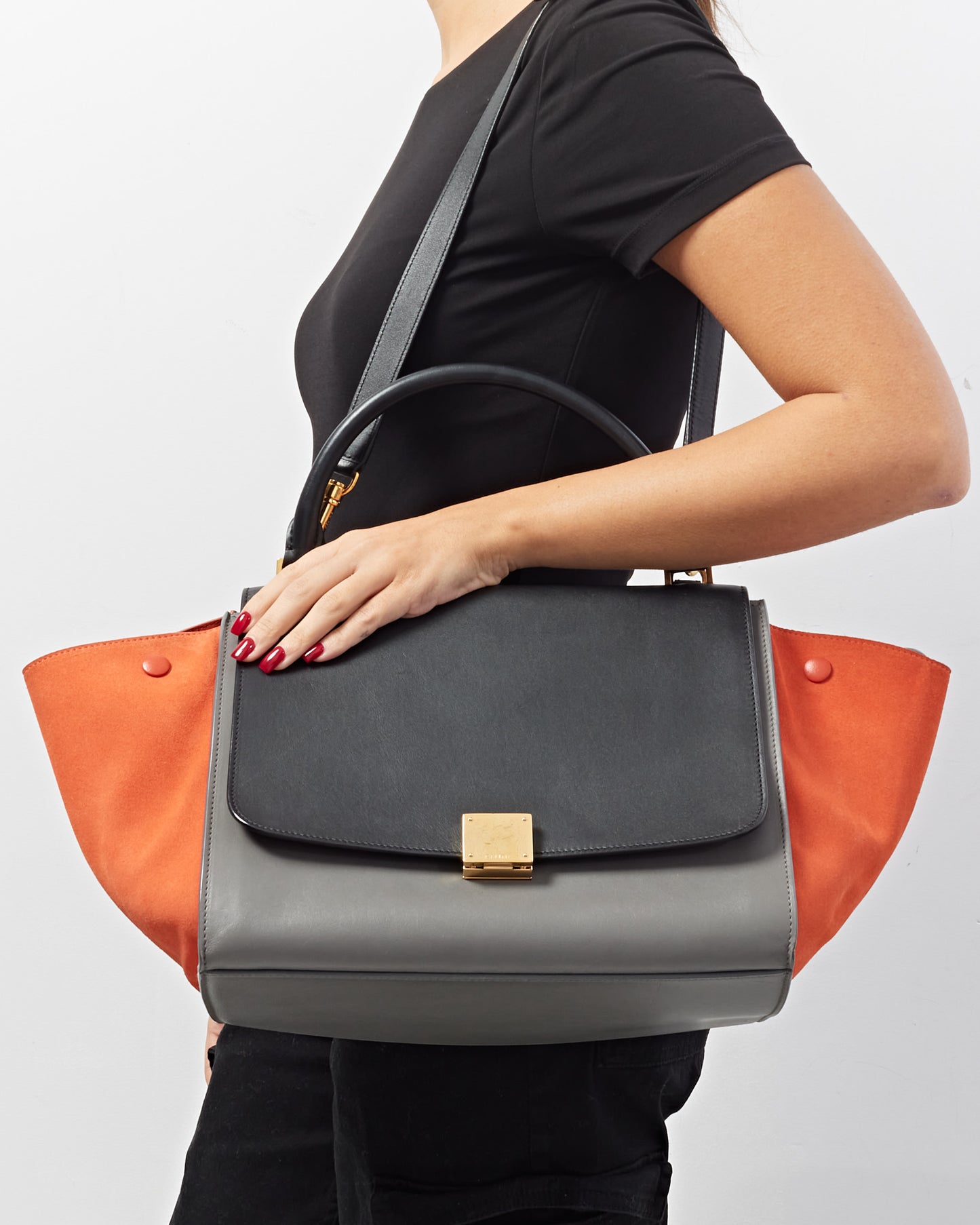 Celine Grey Orange Black Leather 
Suede Trapeze Bag