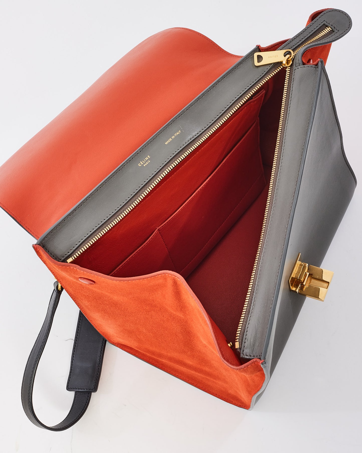 Celine Grey Orange Black Leather 
Suede Trapeze Bag