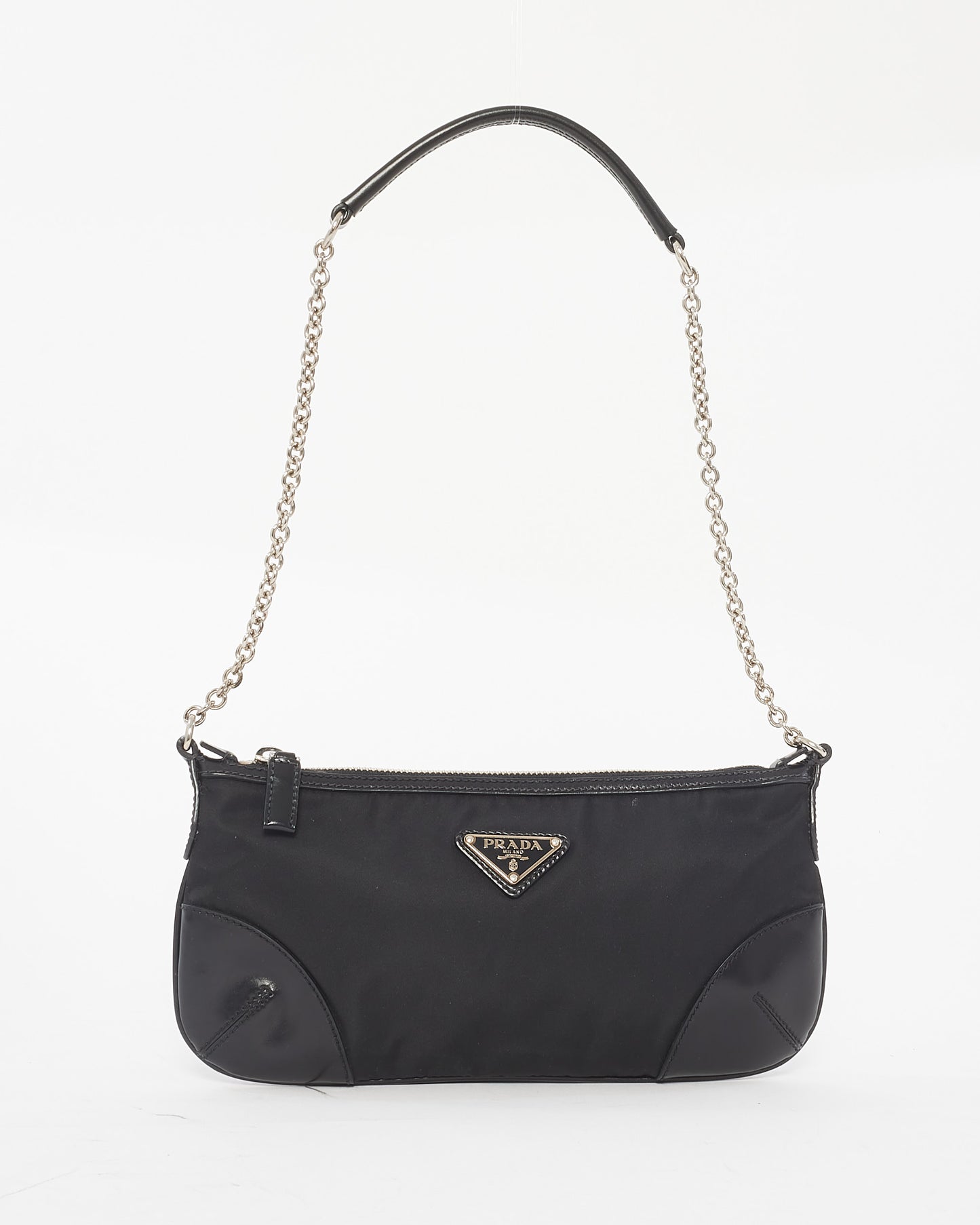 Prada Black Nylon 
Leather Chain Mini Shoulder Bag