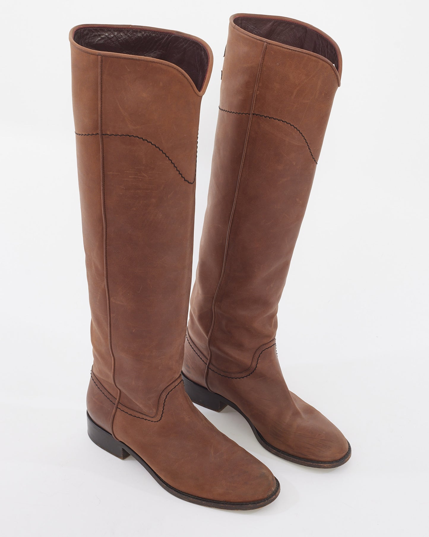 Chanel Camel Leather Knee High Logo Boots - 37