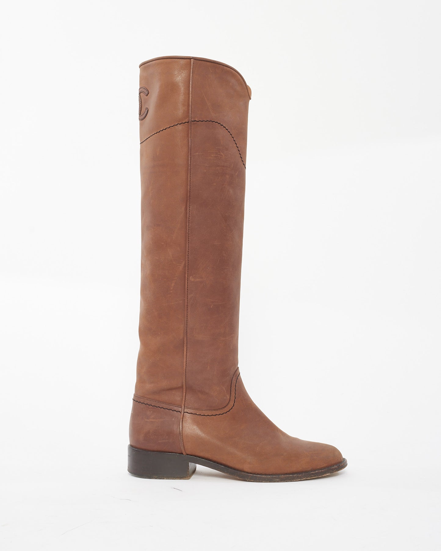 Chanel Camel Leather Knee High Logo Boots - 37